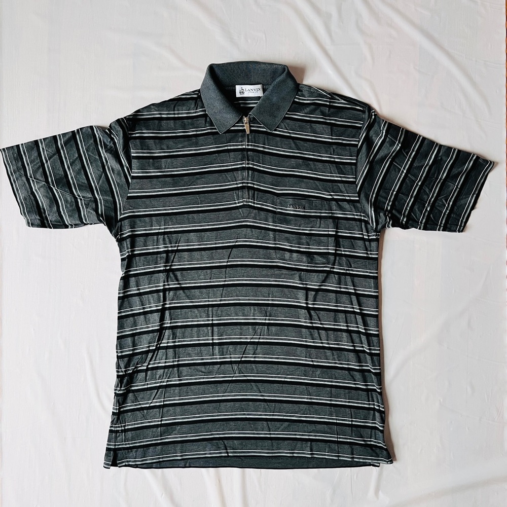 Vintage Lanvin Paris polo shirt striped cotton Grey black quarter Zip logo XXL - Picture 3 of 11